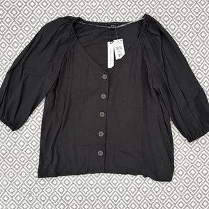 Sanctuary V-Neck Knit Button-Down 3/4 Sleeve Blouse - Size L - Black *NWT